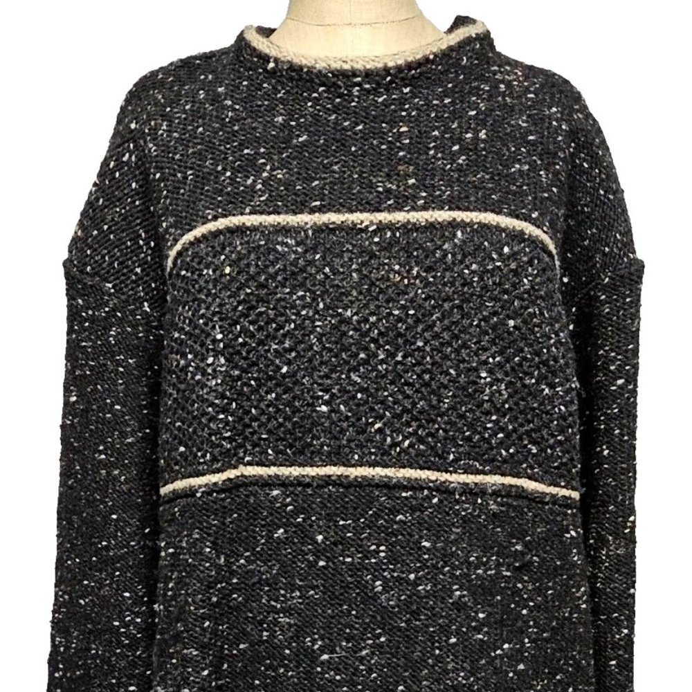 Oisin Ban Irish Donegal Wool Black Drk Grey Roll Neck Fisherman Sweater Size XL